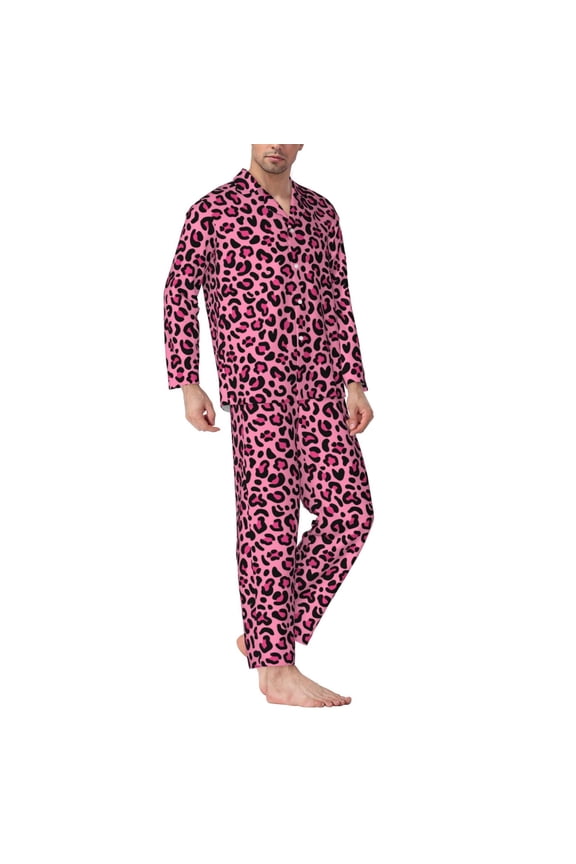 Mens Pajamas Set - Pink Cute Leopard Print Comfy Long Sleeve Button Up Pajama Sets for Men 2 Piece, Soft Sleepwear Nightwear Pjs Lounge Sets for Men with Pockets