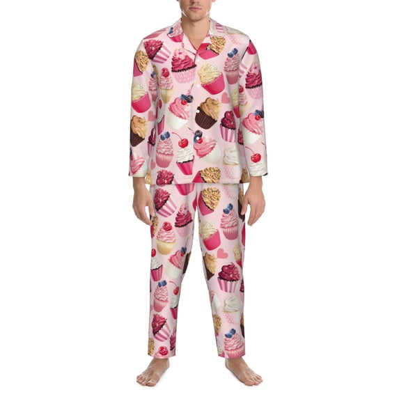 Mens Pajamas Set, Pink Fruit Ice Cream Print Button Down Long Sleeve Loungewear Sleepwear Pjs sets for Men