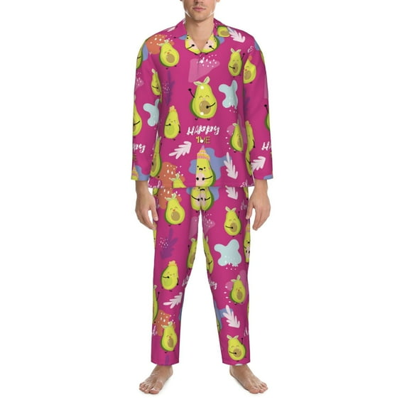 Mens Pajamas Set, Pink Green Avocado Button Down Long Sleeve Loungewear Sleepwear Pjs sets for Men