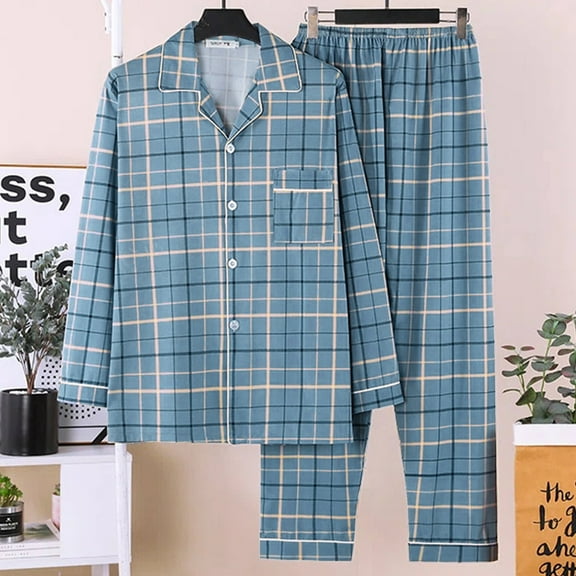 Mens Pajamas Set Plaid Home Wear Cardigan Long Sleeve Collared Top And Loose Pants Sleep Pajama Loungewear Sleepwear 2 Piece Pj with Pockets