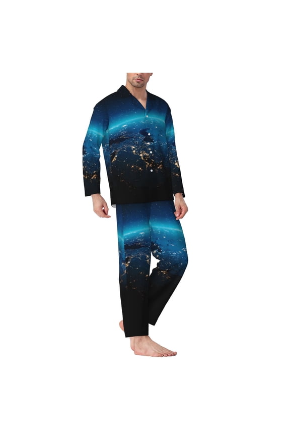 Mens Pajamas Set - Planet Earth Comfy Long Sleeve Button Up Pajama Sets for Men 2 Piece, Soft Sleepwear Nightwear Pjs Lounge Sets for Men with Pockets