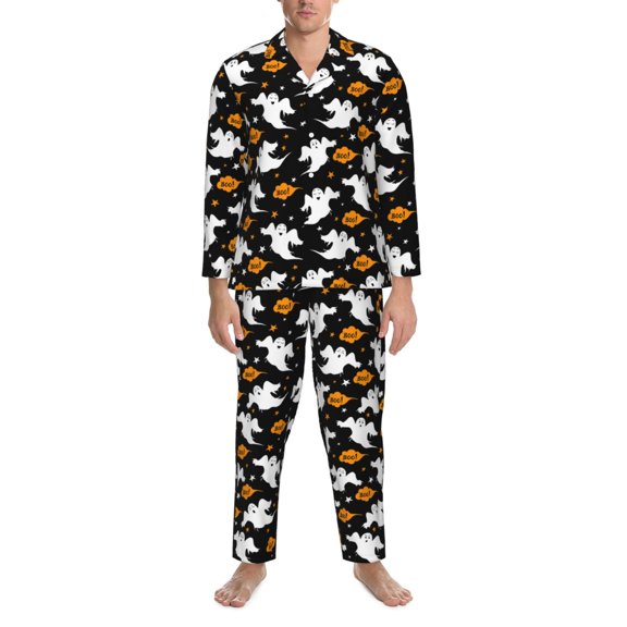 Mens Pajamas Set - Pumpkins Ghost Halloween Comfy Long Sleeve Button Up Pajama Sets for Men 2 Piece, Soft Sleepwear Nightwear Pjs Lounge Sets for Men with Pockets