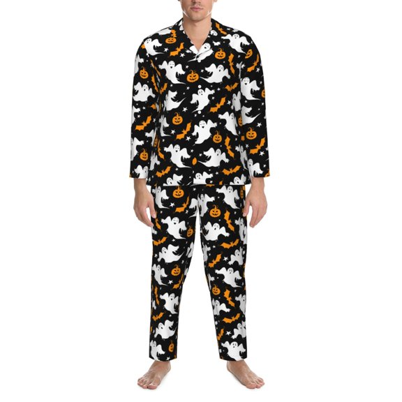 Mens Pajamas Set - Pumpkins Halloween Ghost Comfy Long Sleeve Button Up Pajama Sets for Men 2 Piece, Soft Sleepwear Nightwear Pjs Lounge Sets for Men with Pockets