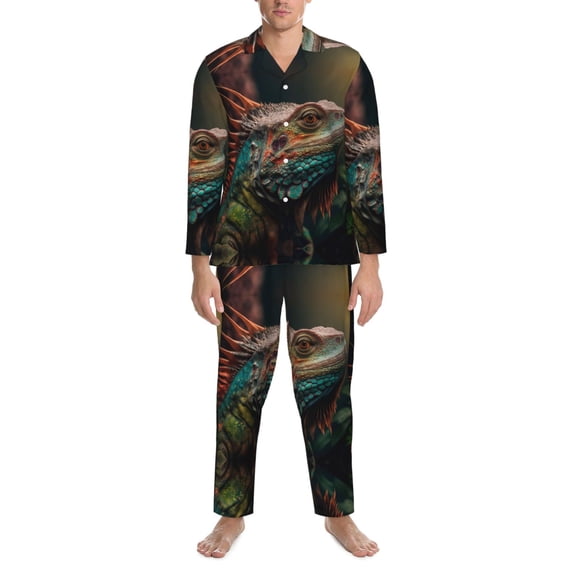 Mens Pajamas Set - Realistic Colorful Chameleon Comfy Long Sleeve Button Up Pajama Sets for Men 2 Piece, Soft Sleepwear Nightwear Pjs Lounge Sets for Men with Pockets