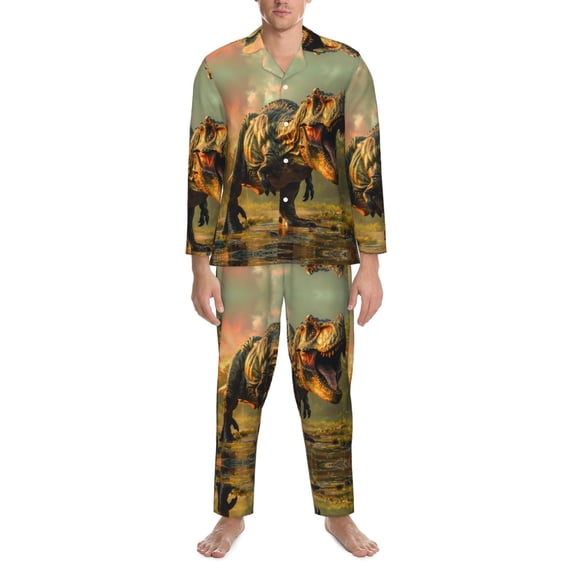 Mens Pajamas Set - Realistic Style Forest Dinosaur Comfy Long Sleeve Button Up Pajama Sets for Men 2 Piece, Soft Sleepwear Nightwear Pjs Lounge Sets for Men with Pockets