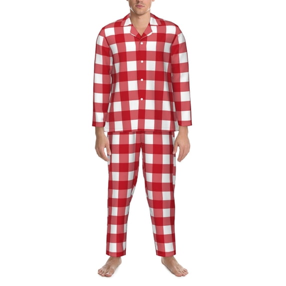 Mens Pajamas Set, Red Checkboard Button Down Long Sleeve Loungewear Sleepwear Pjs sets for Men