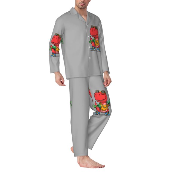 Mens Pajamas Set - Red Cool Rich Dinosaur Comfy Long Sleeve Button Up Pajama Sets for Men 2 Piece, Soft Sleepwear Nightwear Pjs Lounge Sets for Men with Pockets