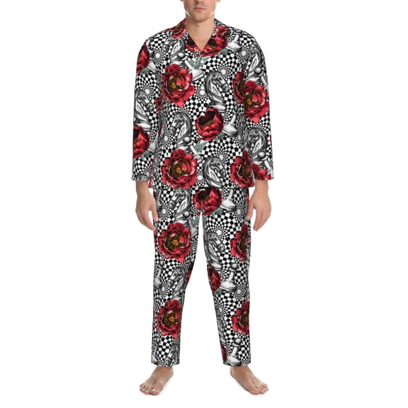 Mens Pajamas Set - Red Peony Knight Chess Checkered Comfy Long Sleeve Button Up Pajama Sets for Men 2 Piece, Soft Sleepwear Nightwear Pjs Lounge Sets for Men with Pockets