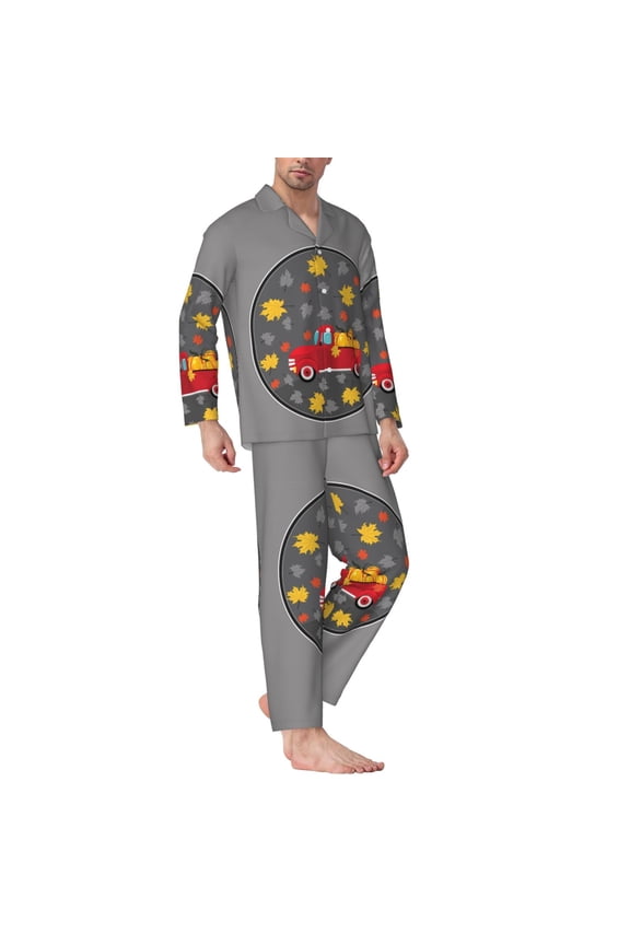 Mens Pajamas Set - Red Pickup Truck With Pumpkins Comfy Long Sleeve Button Up Pajama Sets for Men 2 Piece, Soft Sleepwear Nightwear Pjs Lounge Sets for Men with Pockets