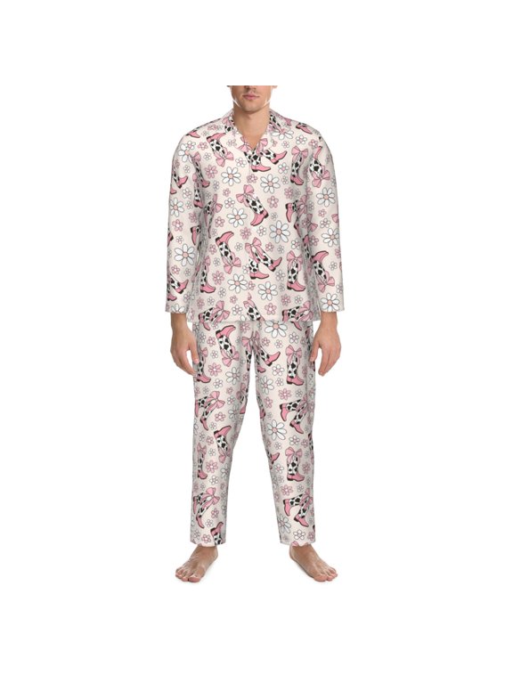 Mens Pajamas Set - Retro Cowgirl Boots Flower Pink Comfy Long Sleeve Button Up Pajama Sets for Men 2 Piece, Soft Sleepwear Nightwear Pjs Lounge Sets for Men with Pockets