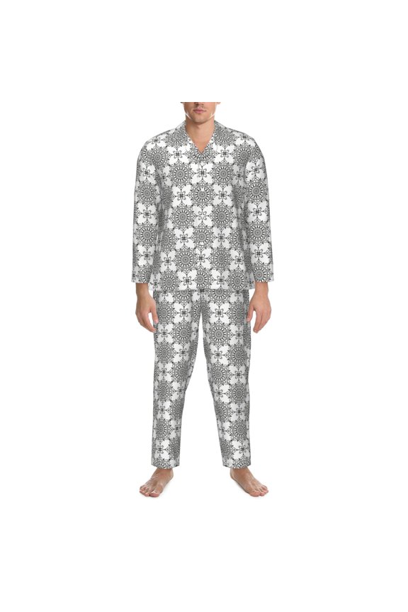 Mens Pajamas Set - Retro Sketch Flower Lines Comfy Long Sleeve Button Up Pajama Sets for Men 2 Piece, Soft Sleepwear Nightwear Pjs Lounge Sets for Men with Pockets