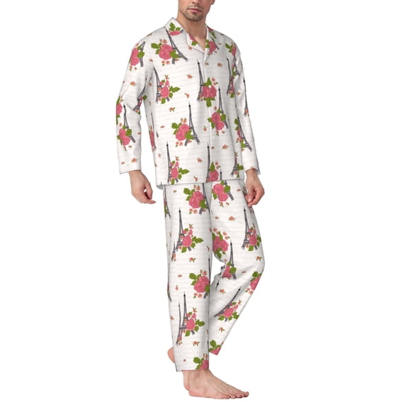 Mens Pajamas Set - Roses Tower Flower Comfy Long Sleeve Button Up Pajama Sets for Men 2 Piece, Soft Sleepwear Nightwear Pjs Lounge Sets for Men with Pockets