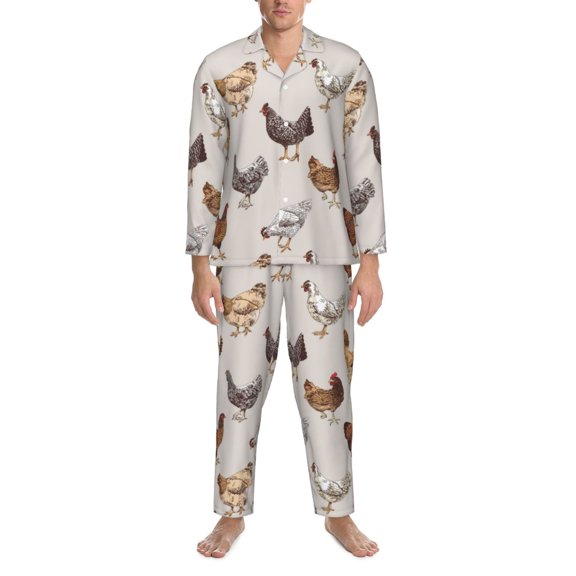 Mens Pajamas Set - Rustic Cute Chicken Soft Notched Collar Pajamas for Men Long Sleeve Men's Sleepwear pjs Sets with Pockets