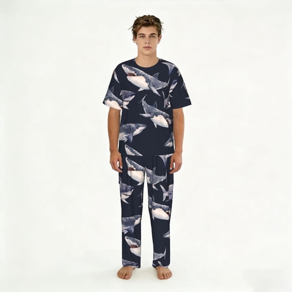 Mens Pajamas Set Short Sleeve Pants PJ Sets Loungewear Nightwear with Pockets, Watercolor Shark Vintage
