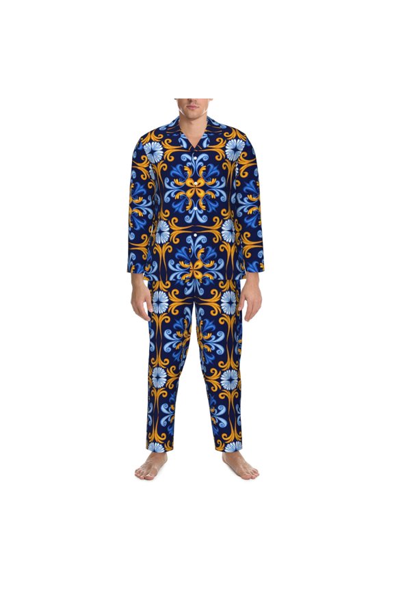 Mens Pajamas Set - Sicilian Blue Pattern Moroccan Style Comfy Long Sleeve Button Up Pajama Sets for Men 2 Piece, Soft Sleepwear Nightwear Pjs Lounge Sets for Men with Pockets