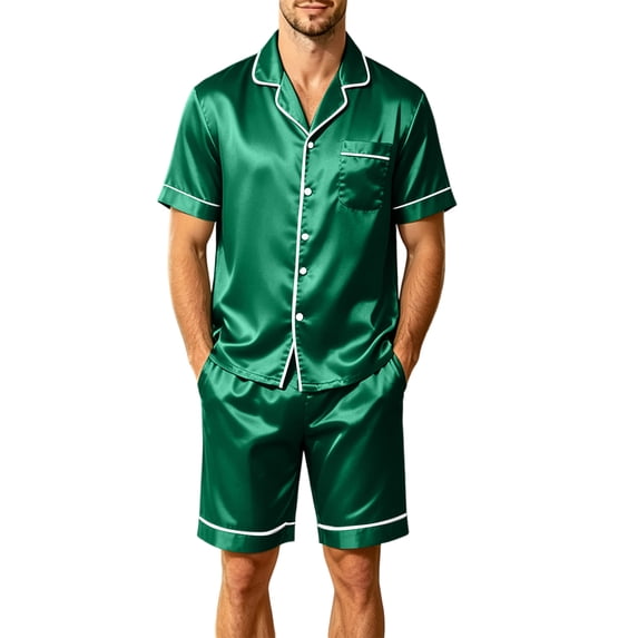 Mens Pajamas Set Silk Satin Sleepwear Short Sleeve Button Down Pjs Set 2 Piece Loungewear with Pockets Dark Green 3XL