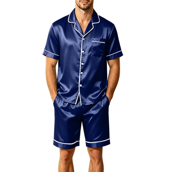 Mens Pajamas Set Silk Satin Sleepwear Short Sleeve Button Down Pjs Set 2 Piece Loungewear with Pockets Navy M