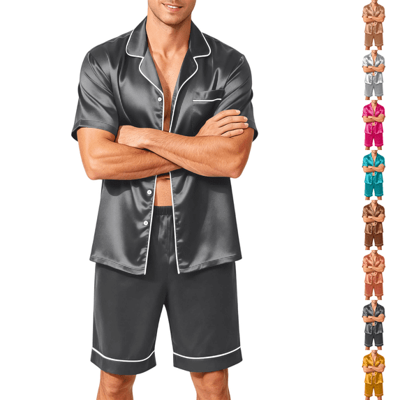 Mens Pajamas Set Silk Satin Sleepwear Short Sleeve Button Up Pjs Soft 2 Piece Lounge Set with Pocket Big and Tall Gray L