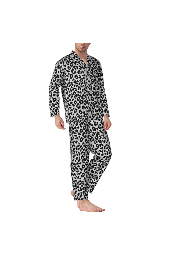 Mens Pajamas Set - Similar To Leopard Print Comfy Long Sleeve Button Up Pajama Sets for Men 2 Piece, Soft Sleepwear Nightwear Pjs Lounge Sets for Men with Pockets