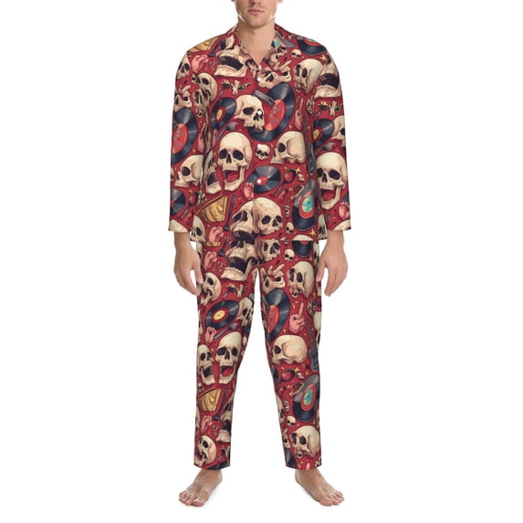 Mens Pajamas Set, Skull record Guitar music Button Down Long Sleeve Loungewear Sleepwear Pjs sets for Men