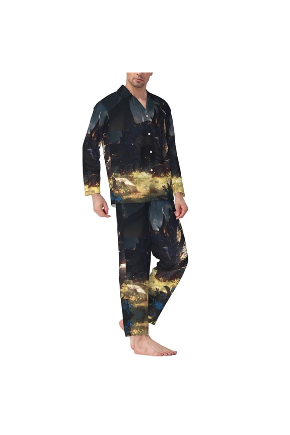 Mens Pajamas Set - Sleeping Dragon In Forest Comfy Long Sleeve Button Up Pajama Sets for Men 2 Piece, Soft Sleepwear Nightwear Pjs Lounge Sets for Men with Pockets