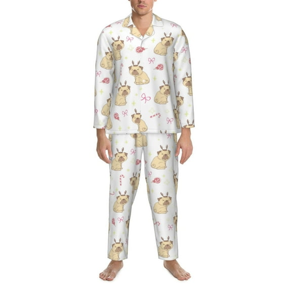 Mens Pajamas Set, Smile Cute French Bulldog Button Down Long Sleeve Loungewear Sleepwear Pjs sets for Men