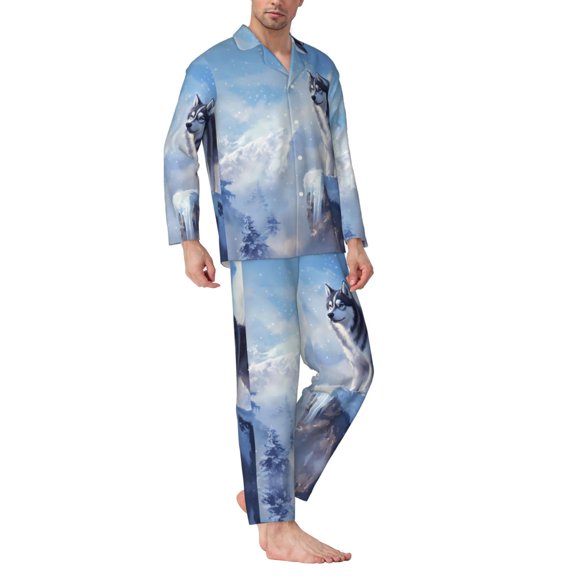 Mens Pajamas Set - Snow Mountain Alaskan Sled Dog Comfy Long Sleeve Button Up Pajama Sets for Men 2 Piece, Soft Sleepwear Nightwear Pjs Lounge Sets for Men with Pockets