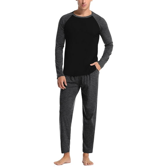 Mens Pajamas Set Soft Solid Color Long Sleeve Crew Neck Top And Loose Pants Sleep Pajama Loungewear Sleepwear 2 Piece Pj with Pockets