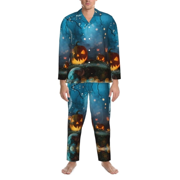 Mens Pajamas Set - Spooky Halloween Comfy Long Sleeve Button Up Pajama Sets for Men 2 Piece, Soft Sleepwear Nightwear Pjs Lounge Sets for Men with Pockets