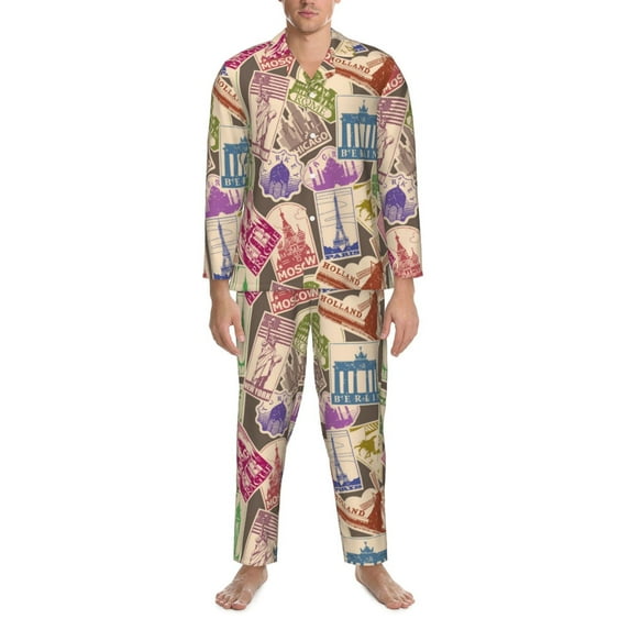 Mens Pajamas Set, Stamp Pattern color Button Down Long Sleeve Loungewear Sleepwear Pjs sets for Men