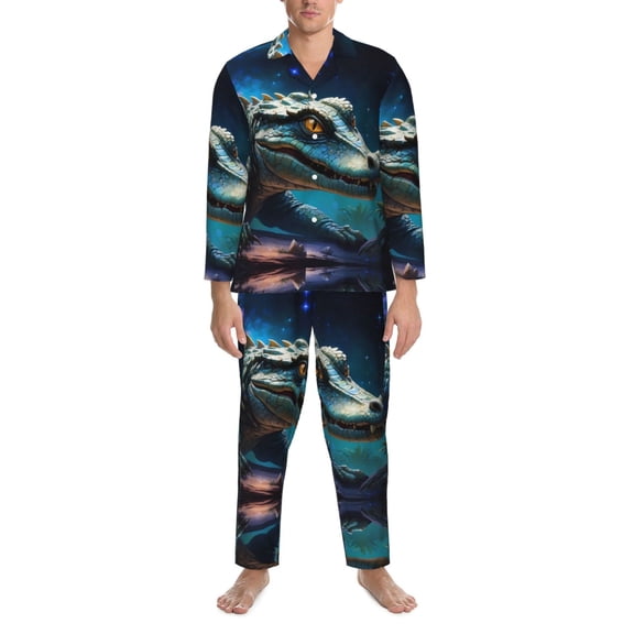 Mens Pajamas Set - Starry Sky Colorful Crocodile A Comfy Long Sleeve Button Up Pajama Sets for Men 2 Piece, Soft Sleepwear Nightwear Pjs Lounge Sets for Men with Pockets