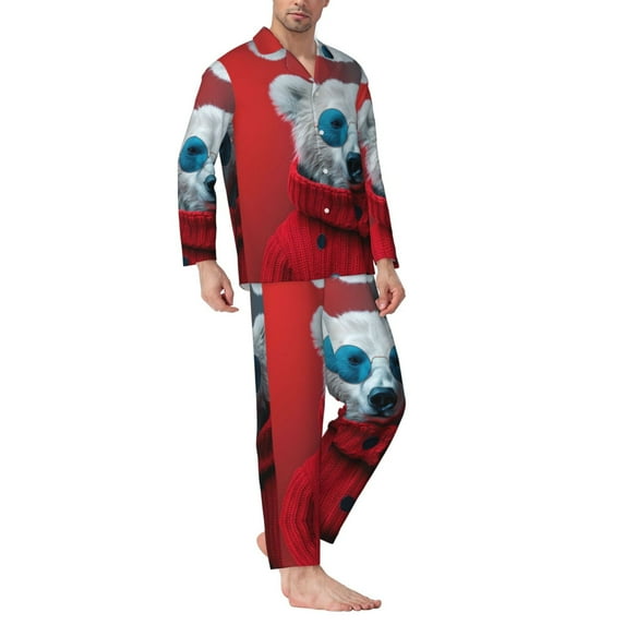 Mens Pajamas Set - Stylish Polar Bear Sunglasses Comfy Long Sleeve Button Up Pajama Sets for Men 2 Piece, Soft Sleepwear Nightwear Pjs Lounge Sets for Men with Pockets