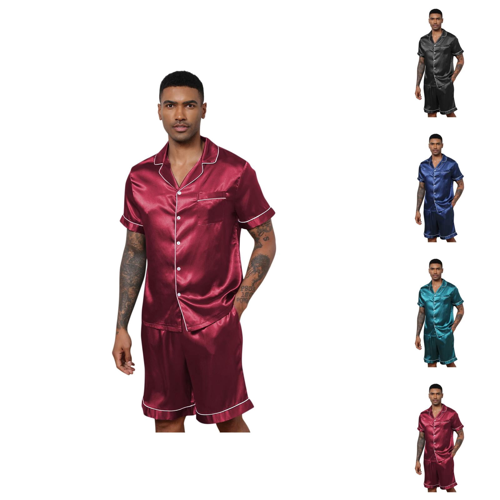 Mens Pajamas Set Summer Lightweight Silky Short Sleeve Button Down