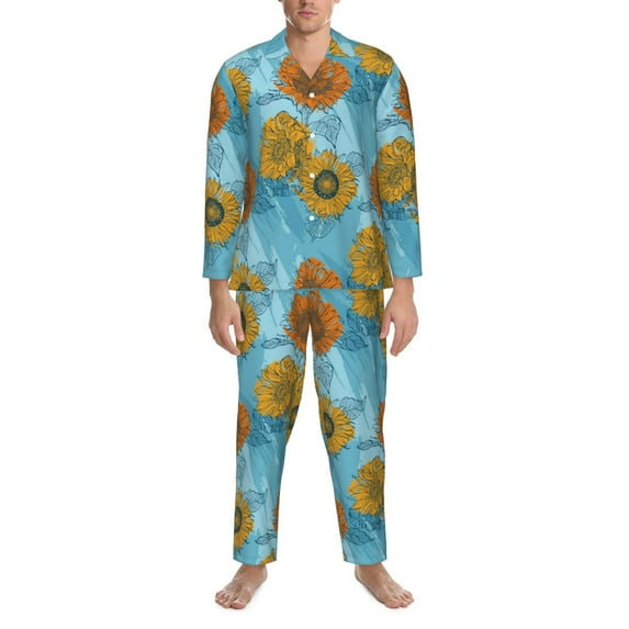 Mens Pajamas Set, Sunflowers Orange Yellow Button Down Long Sleeve Loungewear Sleepwear Pjs sets for Men