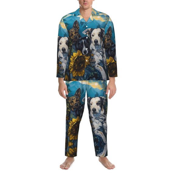 Mens Pajamas Set - Sunset Sunflower Dog Comfy Long Sleeve Button Up Pajama Sets for Men 2 Piece, Soft Sleepwear Nightwear Pjs Lounge Sets for Men with Pockets