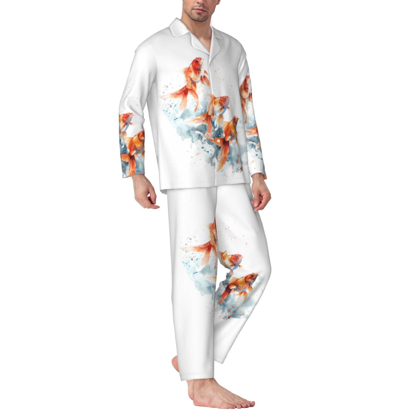 Mens Pajamas Set Three Goldfish Watercolor Splash Long Sleeve Pajamas