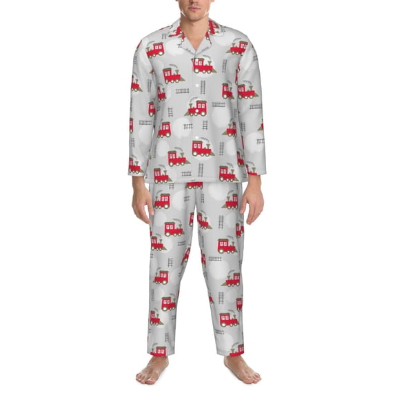 Mens Pajamas Set - Trains Comfy Long Sleeve Button Up Pajama Sets for Men 2 Piece, Soft Sleepwear Nightwear Pjs Lounge Sets for Men with Pockets
