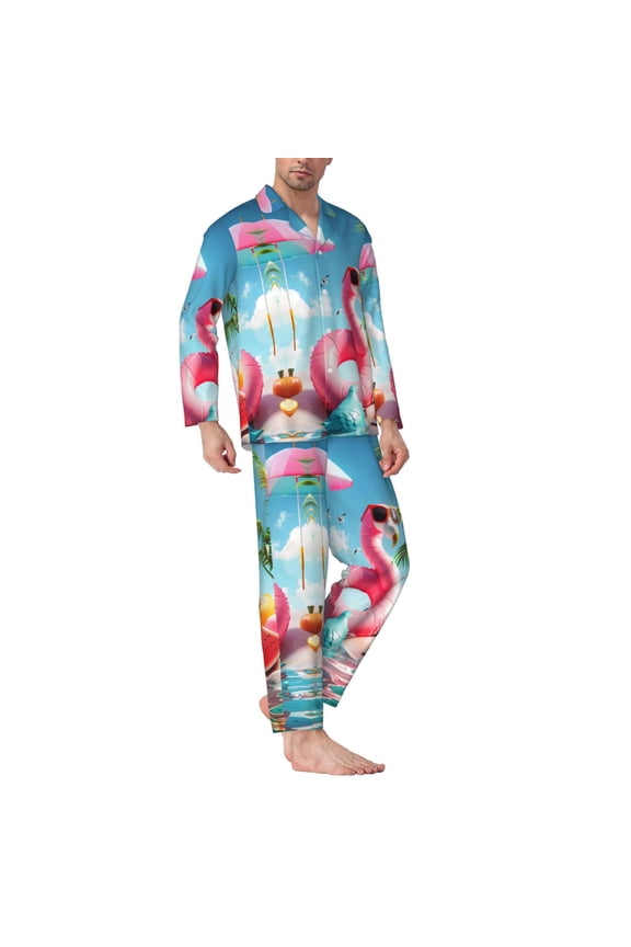 Mens Pajamas Set - Tropical Flamingo Pool Float Comfy Long Sleeve Button Up Pajama Sets for Men 2 Piece, Soft Sleepwear Nightwear Pjs Lounge Sets for Men with Pockets