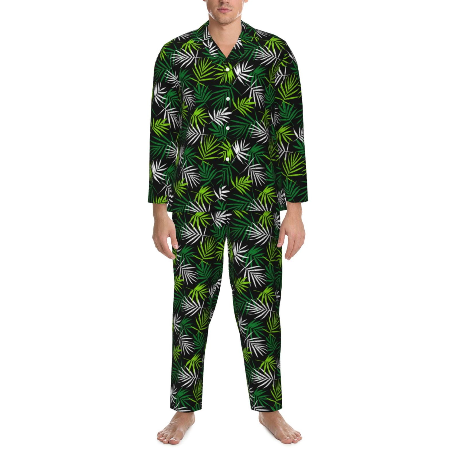 Mens Pajamas Set - Tropical Leaves1 Soft Notched Collar