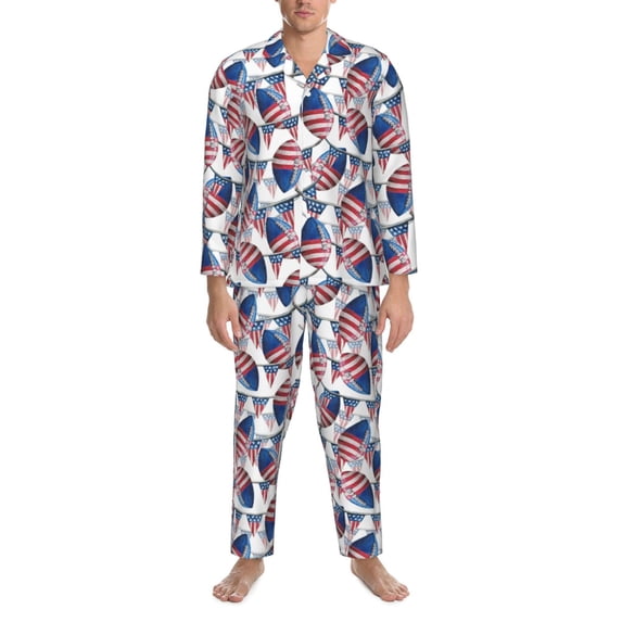 Mens Pajamas Set - Usa Flag American Football Cool Comfy Long Sleeve Button Up Pajama Sets for Men 2 Piece, Soft Sleepwear Nightwear Pjs Lounge Sets for Men with Pockets