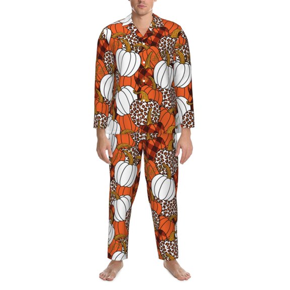 Mens Pajamas Set - Various Pumpkins Soft Notched Collar Pajamas for Men Long Sleeve Men's Sleepwear pjs Sets with Pockets