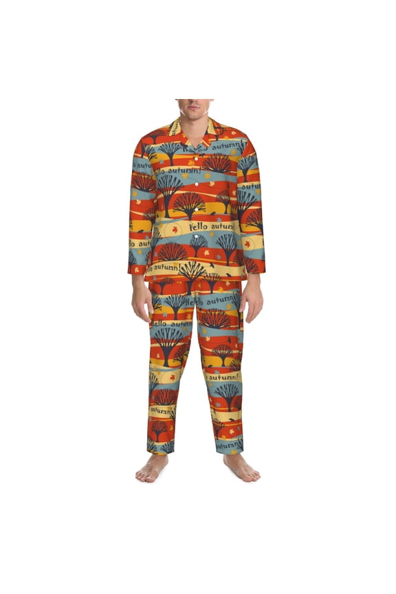 Mens Pajamas Set - Vibrant Autumn Forest Hues Comfy Long Sleeve Button Up Pajama Sets for Men 2 Piece, Soft Sleepwear Nightwear Pjs Lounge Sets for Men with Pockets