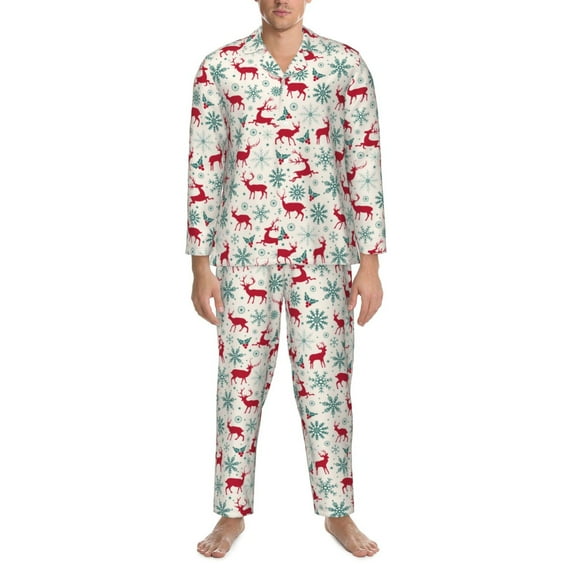 Mens Pajamas Set - Vintage Christmas Reindeer Comfy Long Sleeve Button Up Pajama Sets for Men 2 Piece, Soft Sleepwear Nightwear Pjs Lounge Sets for Men with Pockets
