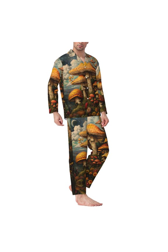 Mens Pajamas Set - Vintage Cloud Mushroom Comfy Long Sleeve Button Up Pajama Sets for Men 2 Piece, Soft Sleepwear Nightwear Pjs Lounge Sets for Men with Pockets