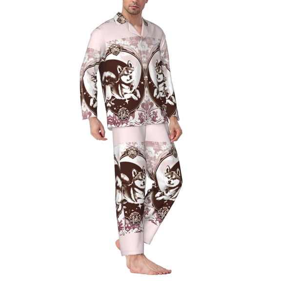 Mens Pajamas Set - Vintage Husky Dog Comfy Long Sleeve Button Up Pajama Sets for Men 2 Piece, Soft Sleepwear Nightwear Pjs Lounge Sets for Men with Pockets