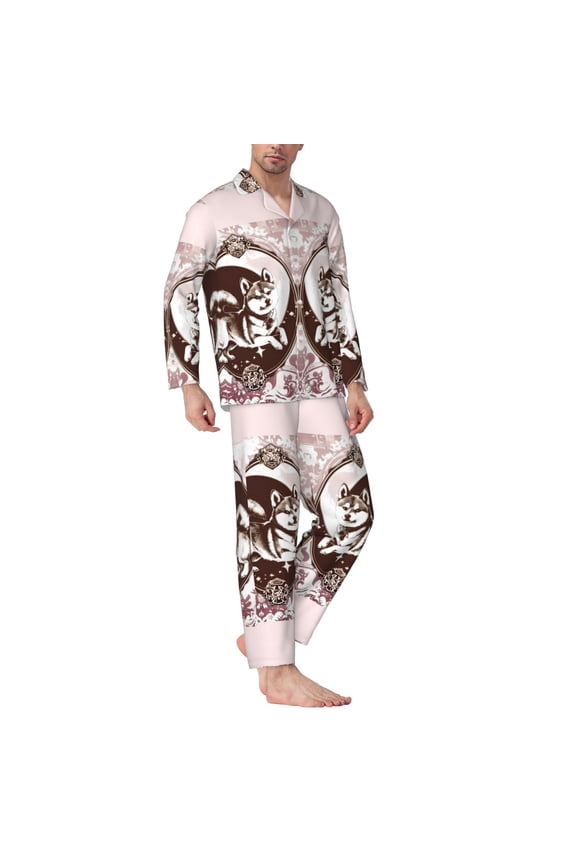 Mens Pajamas Set - Vintage Husky Dog Comfy Long Sleeve Button Up Pajama Sets for Men 2 Piece, Soft Sleepwear Nightwear Pjs Lounge Sets for Men with Pockets