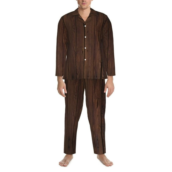 Mens Pajamas Set - Vintage Wood Comfy Long Sleeve Button Up Pajama Sets for Men 2 Piece, Soft Sleepwear Nightwear Pjs Lounge Sets for Men with Pockets
