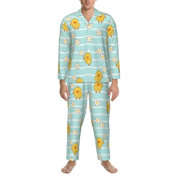 Mens Pajamas Set, Wavy Pattern Cute Duck Daisy Button Down Long Sleeve Loungewear Sleepwear Pjs sets for Men