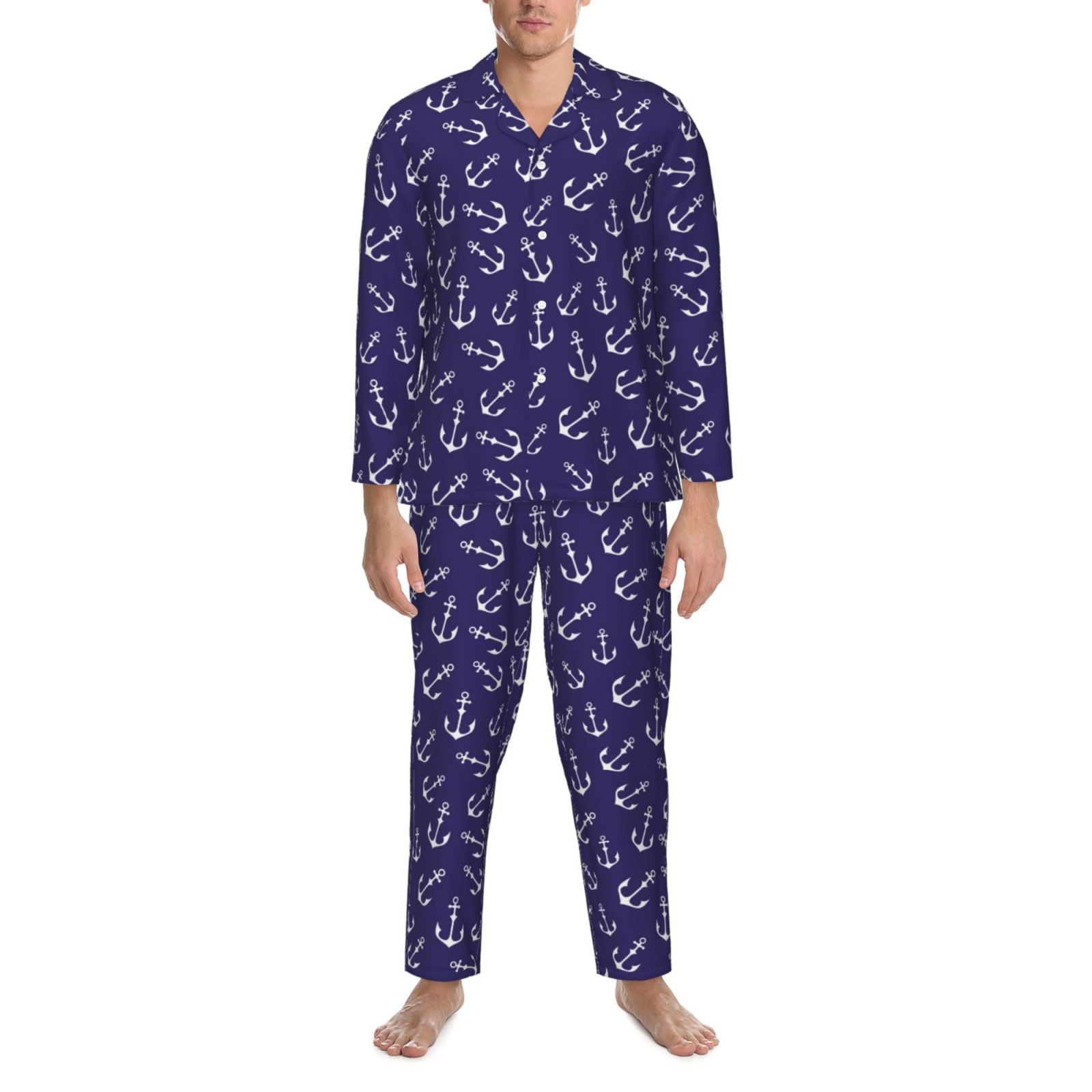 Mens Pajamas Set, White Anchor Vintage Navy Blue ButtonDown Pajamas
