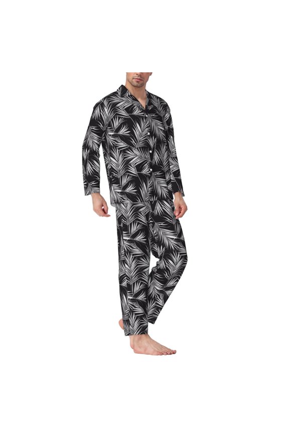 Mens Pajamas Set - White Palm Leaves_G Comfy Long Sleeve Button Up Pajama Sets for Men 2 Piece, Soft Sleepwear Nightwear Pjs Lounge Sets for Men with Pockets